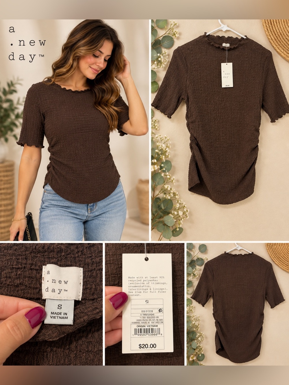 a new day Short Sleeve Ruched Texture T-Shirt Brown Small